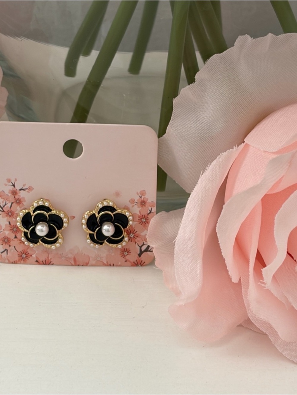 NEW! Black Enamel Camilla Pearl Stud Earrings - Elegant Women's Jewelry